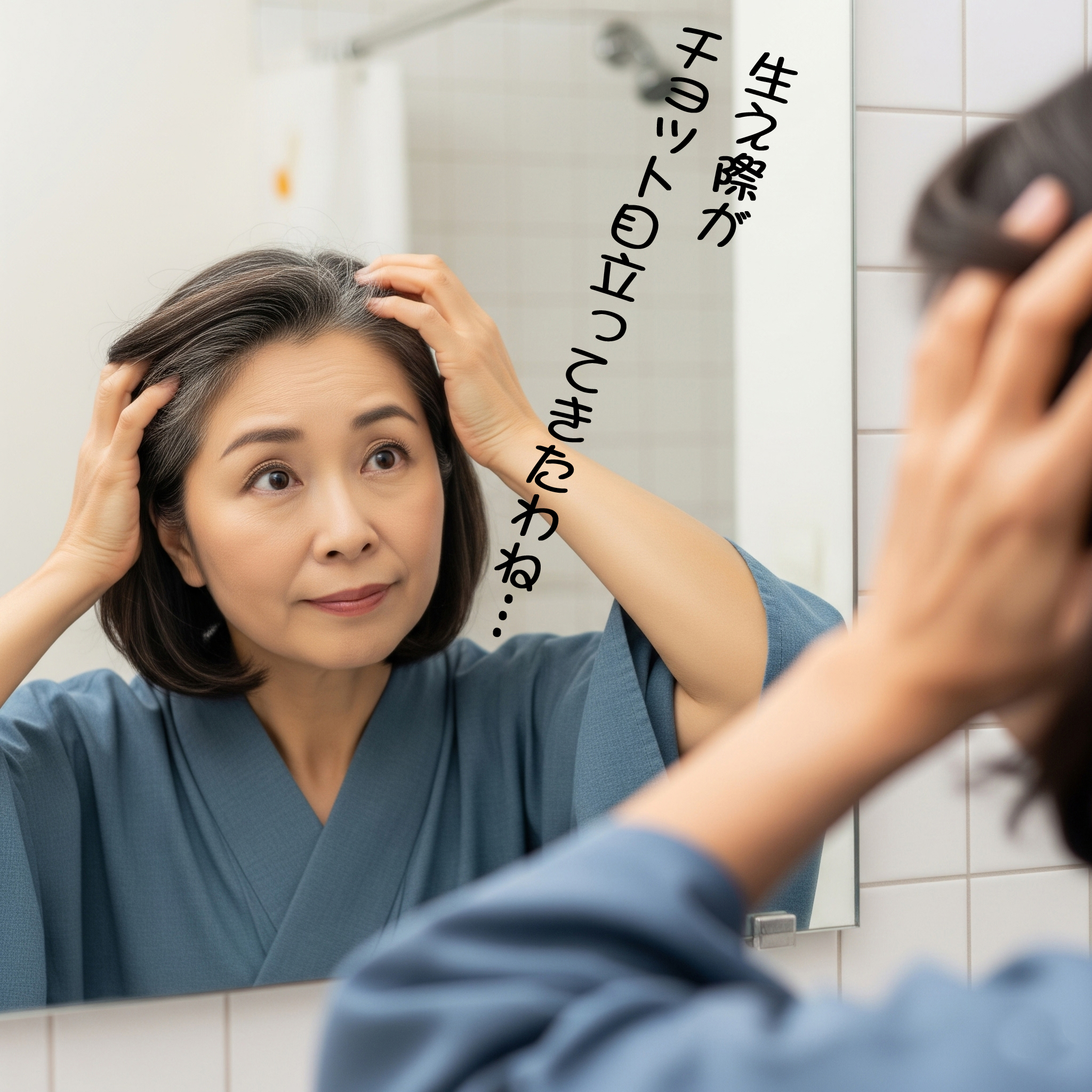 鏡を見て生え際が気になる女性